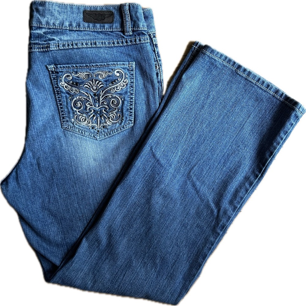 Harley Davidson high rise, boot cut jeans, denim.  Medium wash. Size 16.